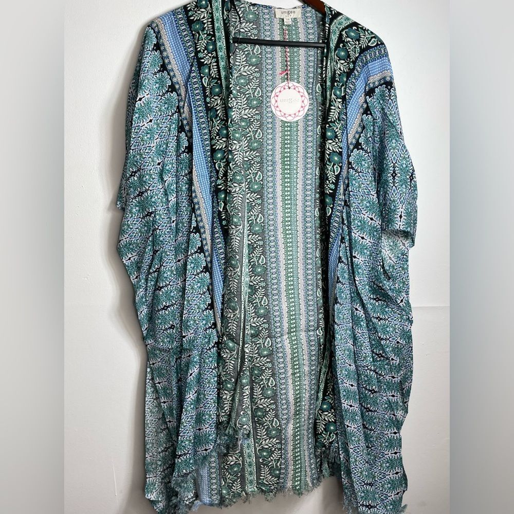 Umgee NWT Boutique Gypsy Boho green blue Paisley Print Dress S M L